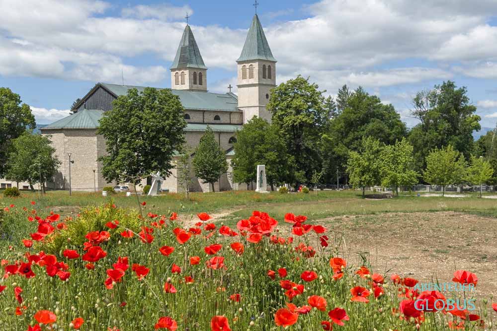 Rote Mohnblumen, dahinter die katholische Kirche St. Peter und Paul des Franziskanerklosters in Livno, Bosnien und Herzegowina