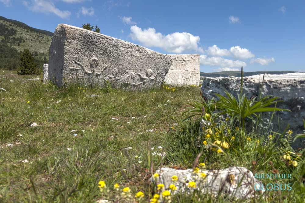 Gelbe Blumen zwischen den Grabsteinen der Bogomilen in der UNESCO-Weltkulturerbestätte Nekropole Dugo Polje