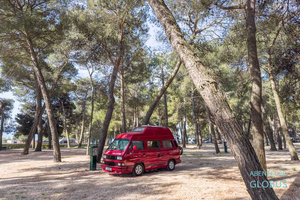 Roter Bulli VW T3 im Kiefernwald vom Campingplatz Aminess Planet Camping Sirena in Novigrad auf der Halbinsel Istrien in Kroatien